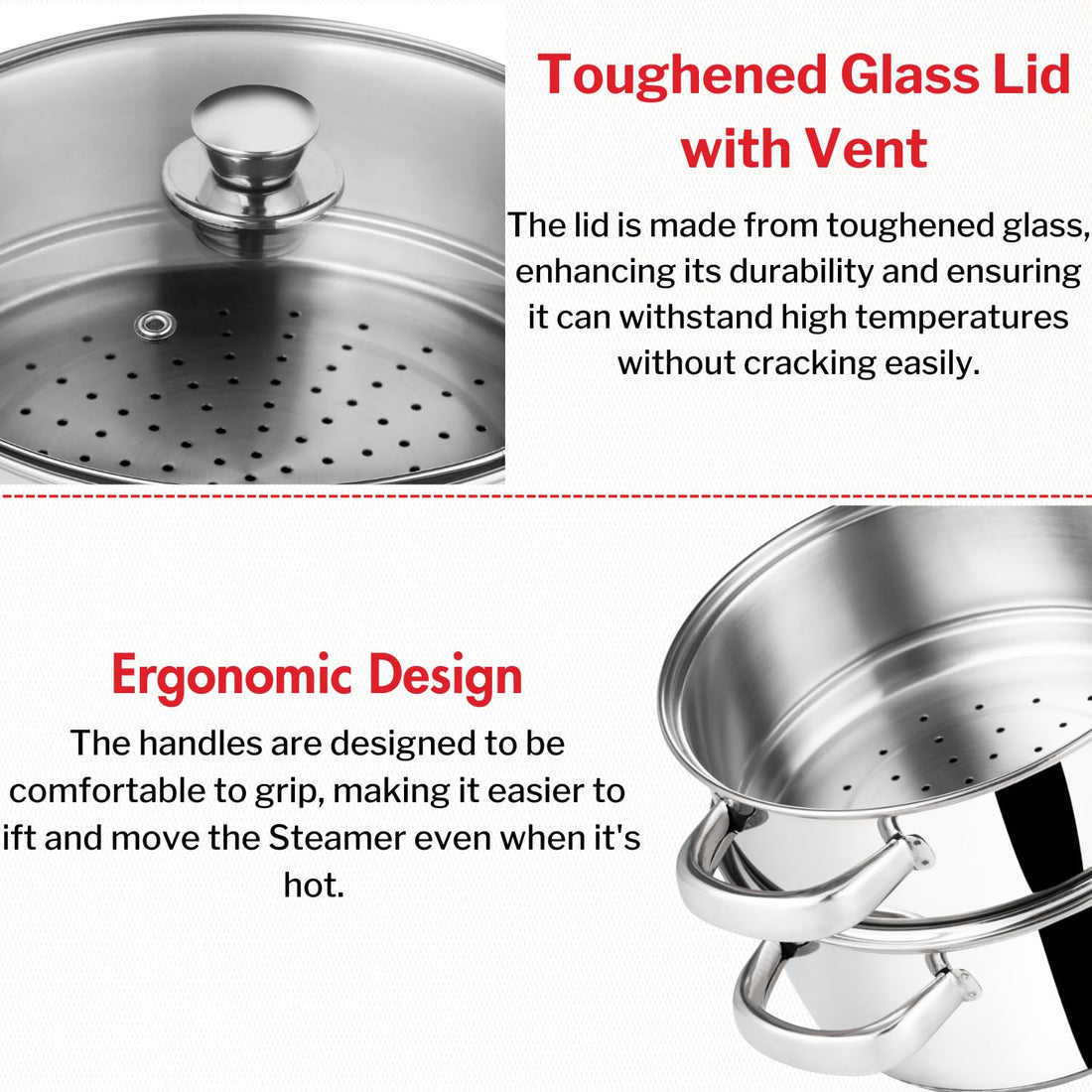 Cassoware Stainless Steel Steamer 2 Tier with Glass Lid 20 cm