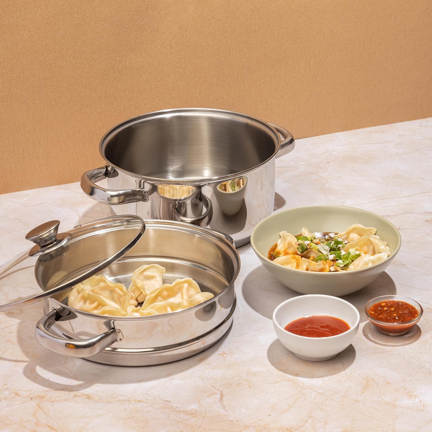 Cassoware Stainless Steel Steamer 2 Tier with Glass Lid 20 cm
