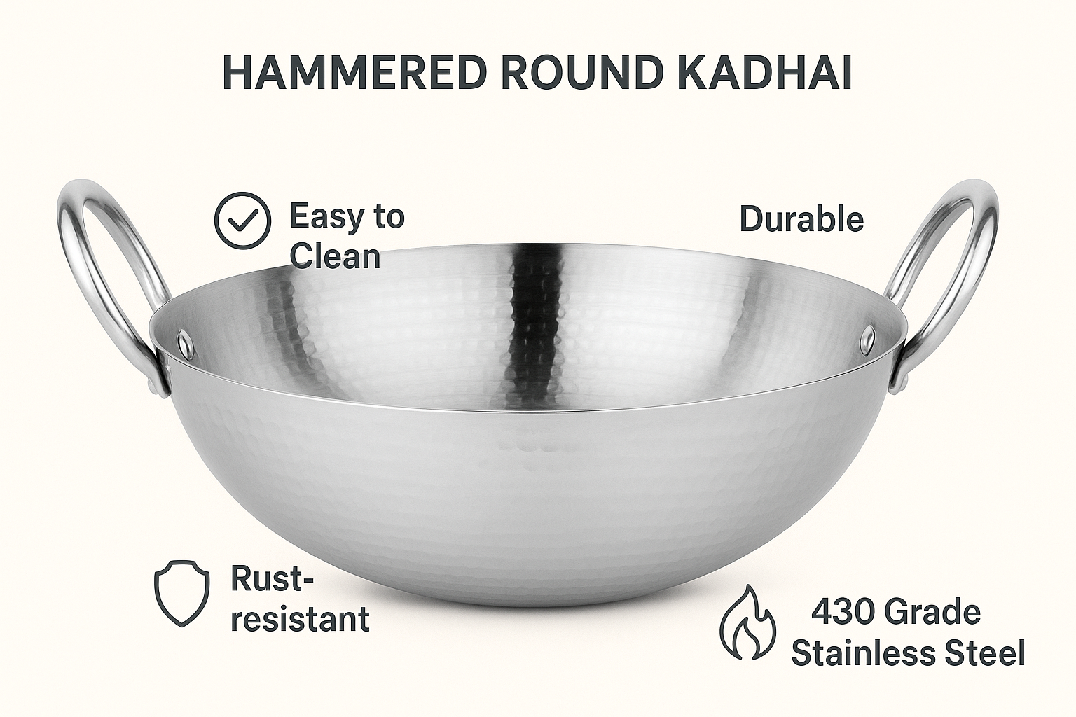 Hammered Round Kadhai - 2.5mm Stainless Steel Cookware (430 Grade)