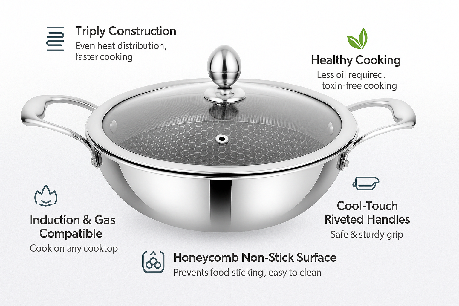 Honeycomb Triply Kadhai- Stainless Steel Cookware