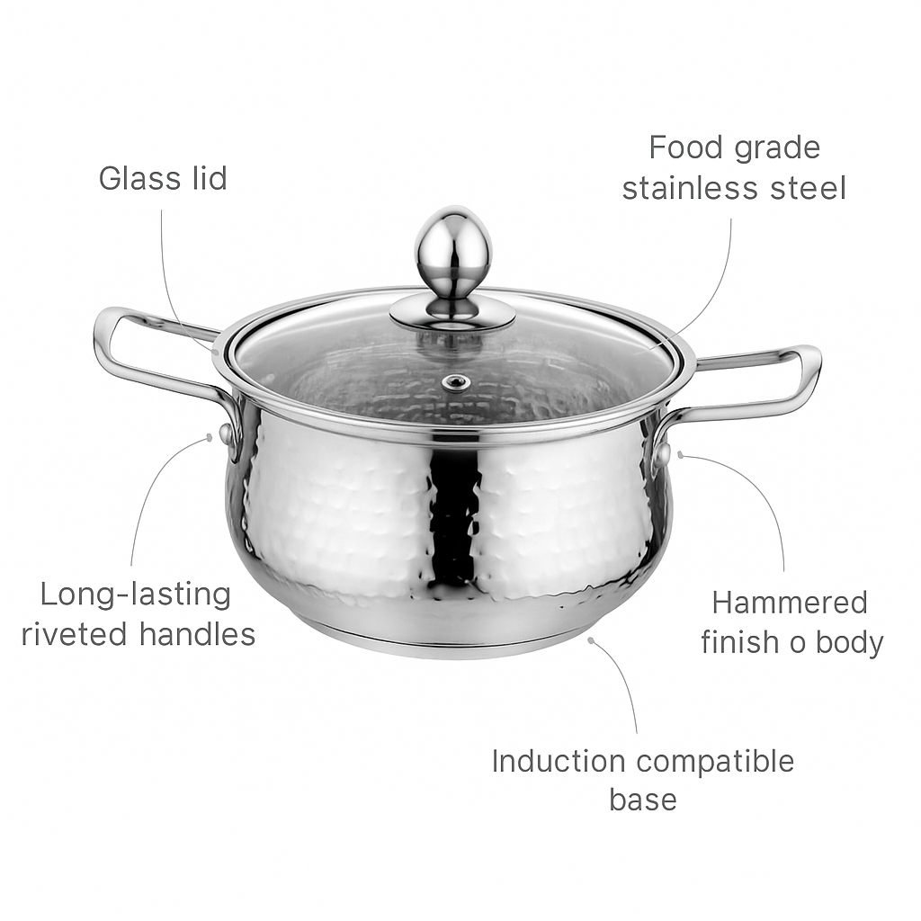 Hammered Handi 3pc with Glass Lid - Encapsulated Bottom Stainless steel Cookware set