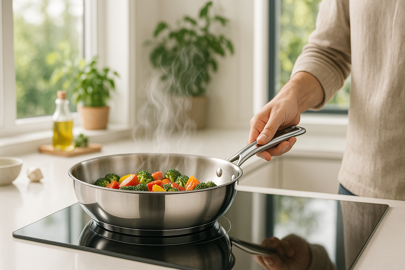cooking in kitchen with cassoware stainless steel induction base frypan with a window and greenery in the backgroundslider_item_aC3Ahy