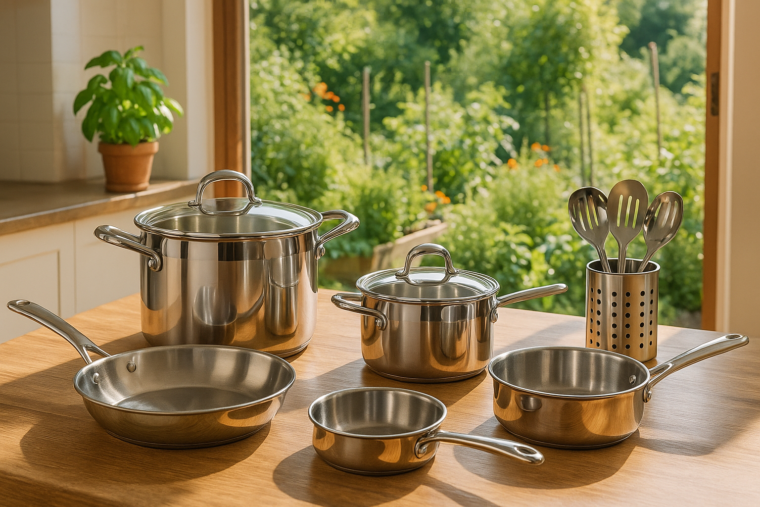 stainless steel cookware on akitchen table with garden in the background
