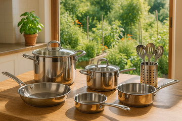 stainless steel cookware on akitchen table with garden in the background