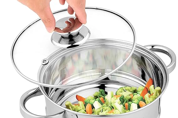 Steamer With Glass Lid - 2-Tier Encapsulated Base Stainless Steel Cookware